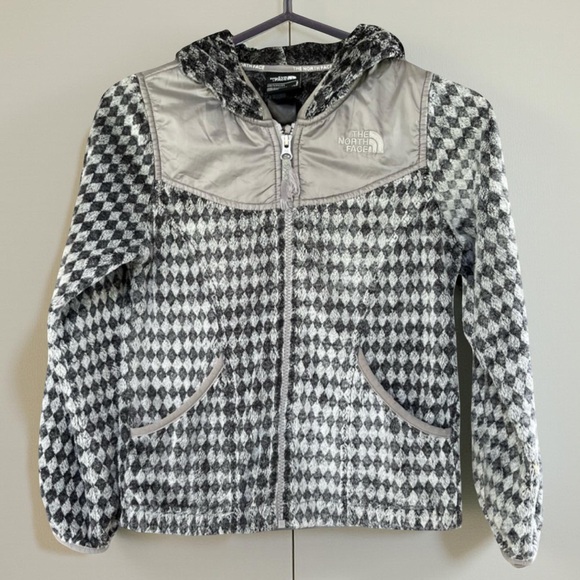 The North Face Girls' Fleece Full Zip Jacket Gray Diamond Pattern Hooded Jacket - Picture 1 of 4